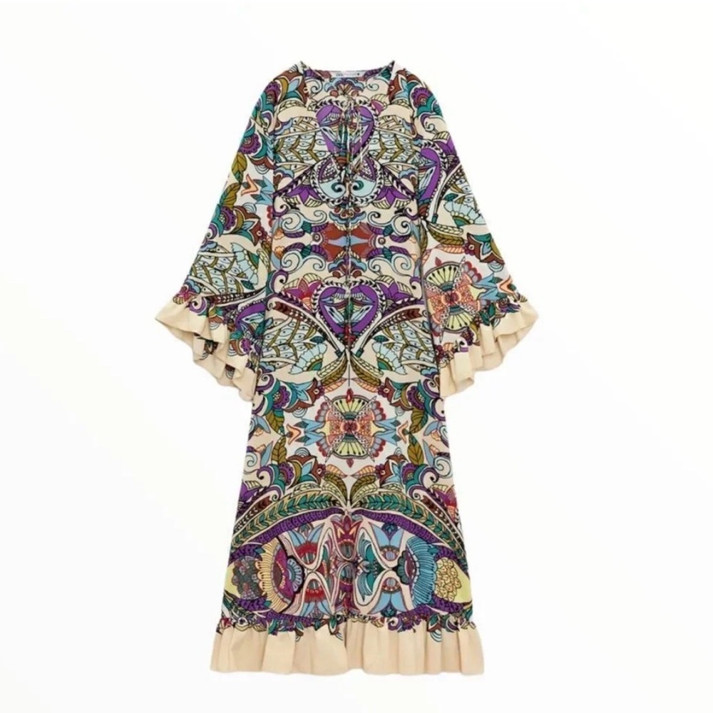 NWOT Zara ethnic tribal print midi flowy dress/Fall season dress size XS - Picture 4 of 14